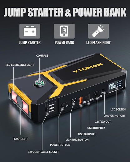 VTOMAN V8 Pro 3000A Jump Starter, Car Battery Charger Jump Starters for Up 8.5L Gas and 6.5L Diesel Engines, 12V Auto Lithium Battery Booster Pack, Portable Jump Box with Jumper Cable LCD Display