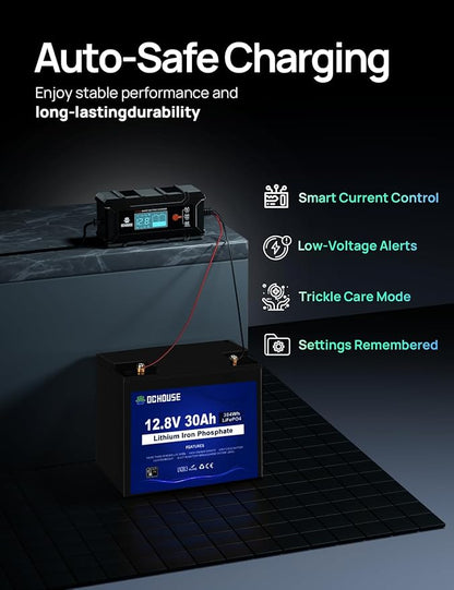 DC HOUSE 5A Battery Charger, 12V Smart Lithium Battery Charger for LiFePO4 & Lead Acid, Trickle Charger Maintainer and Desulfator for Car, Motorcycle, Automotive Batteries