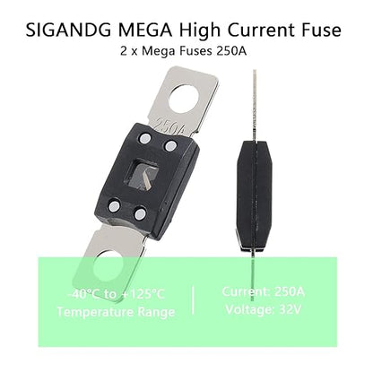 250A MEGA High Current Fuse - 250 Amp Bolt-on Fuse for Cars, Trucks, Construction Vehicles, Buses, Caravans (2 Pcs)