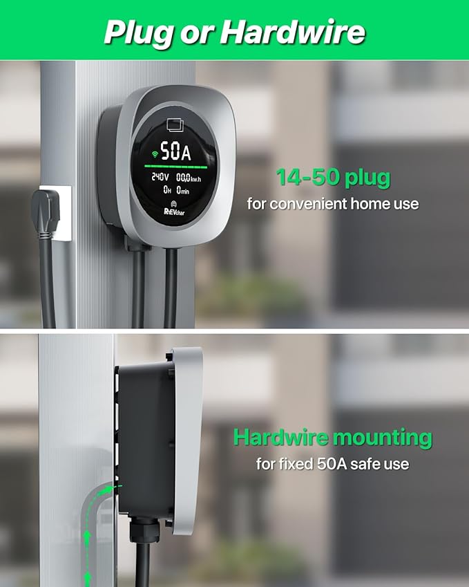 Level 2 EV Charger 50 Amps Smart Motion Sensor Screen Electric Car Charger for Home with WiFi, RFID, 240V, NEMA 14-50 Plug or Hardwire, 25FT Cable APP Controlled Vehicle Chargers for All EVs