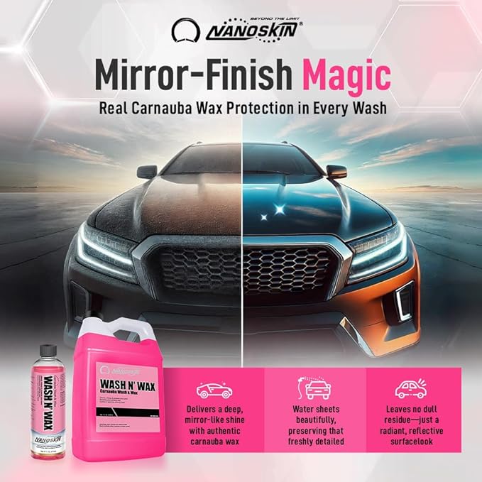 Nanoskin WASH N' WAX with Carnauba 16 Oz. - Cleans & Shines in One Step | Works with Foam Cannon, Foam Gun, Bucket Washes, Pressure Washer | Carnauba Wax Protection for Cars