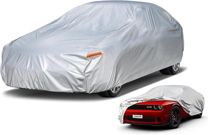 Kayme 6 Layers Car Cover Custom Fit for Dodge Challenger Hellcat (2008-2025) Waterproof All Weather for Automobiles, Outdoor Full Cover Rain Sun UV Protection.Silver