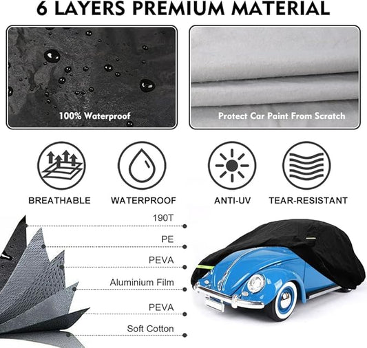 1960-1980 Volkswagen Beetle Sedan 2-Door Saloon Car Cover Waterproof All Weather, with Door Zipper, Windproof Strap, Anti-Theft Lock