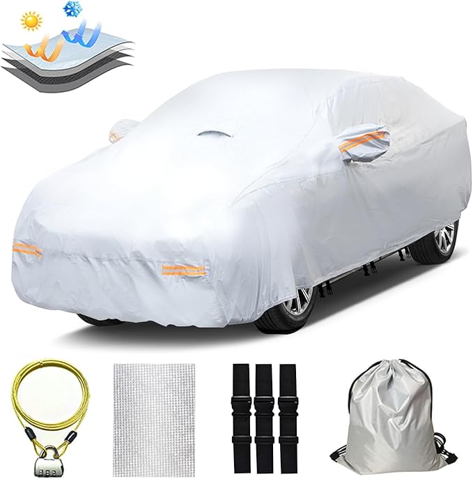 30 Layers Heavy Duty SUV Car Cover for Automobiles All Weather Waterproof, Outdoor Snowproof UV Protection Windproof, Door Zipper, Soft Cotton Universal Car Covers (Silver, Fit SUV 171"-180")