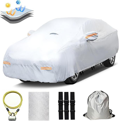 30 Layers Heavy Duty SUV Car Cover for Automobiles All Weather Waterproof, Outdoor Snowproof UV Protection Windproof, Door Zipper, Soft Cotton Universal Car Covers (Silver, Fit SUV 181"-190")