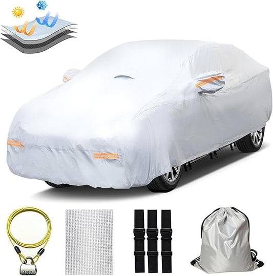 30 Layers Heavy Duty SUV Car Cover for Automobiles All Weather Waterproof, Outdoor Snowproof UV Protection Windproof, Door Zipper, Soft Cotton Universal Car Covers (Silver, Fit SUV 181"-190")