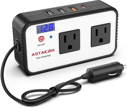 200W Car Power Inverter, DC 12V to 110V AC Car Plug Adapter with 20W USB-C & 18W USB-A Dual AC Outlet, PD/QC Fast Car Charger for Laptop, Vehicles, Road Trip Essentials, White