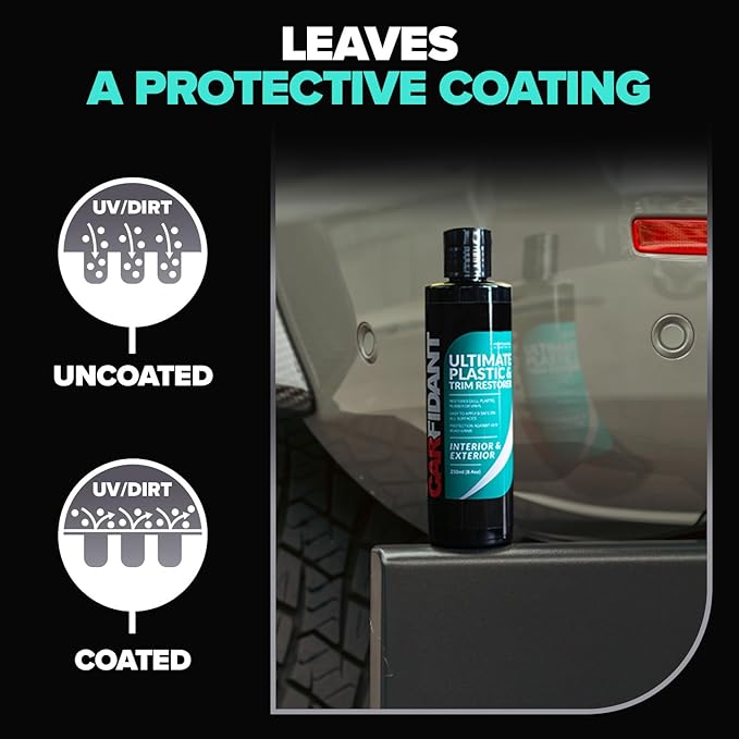 Carfidant Plastic Restorer for Cars – Refreshes Faded Plastic, Vinyl & Rubber Trim with Polish for Deep Shine – Protects Against UV & Dirt – Black Exterior & Interior Care for Detailing - 16 fl. Oz.