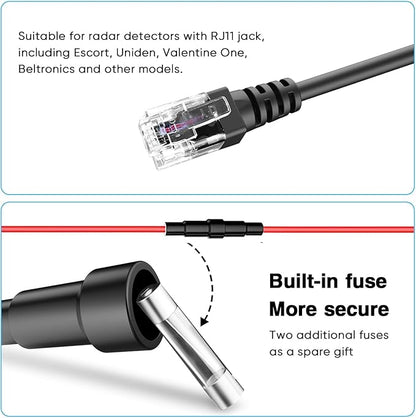 Radar Detector Rearview Mirror Rod Mounting Bracket and Radar Direct Power Cord Hardwired Kit and Fuse Tap(for Radar Base with EZ Magnet Connection)