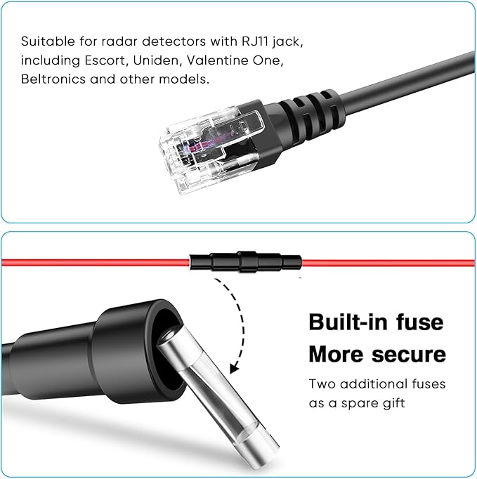Radar Detector Rearview Mirror Rod Mounting Bracket and Radar Direct Power Cord Hardwired Ki tand Fuse Tap(for Escort Beltronics Vector Rocky Mountain Phantom-T Radar)
