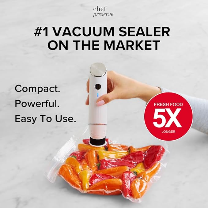 Chef Preserve Compact Vacuum Sealer for Food (Vacuum Sealer Machine + 10 Reusable Vacuum Bags) Powerful Handheld Vacuum Sealer Machine, Seal Meal Saver, Portable Food Sealer