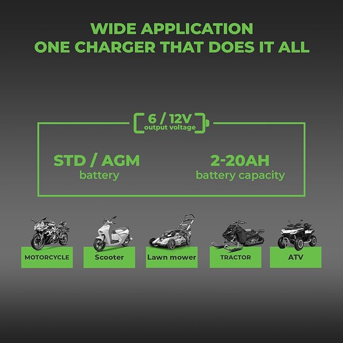 Infinity 1A Battery Charger, 6V / 12V, 3 Stage Charging, Battery Maintainer, Trickle Charge for Lead Acid, Gel, Lithium-ion, STD Batteries in Car, RV, Motorcycle, ATV, Boats