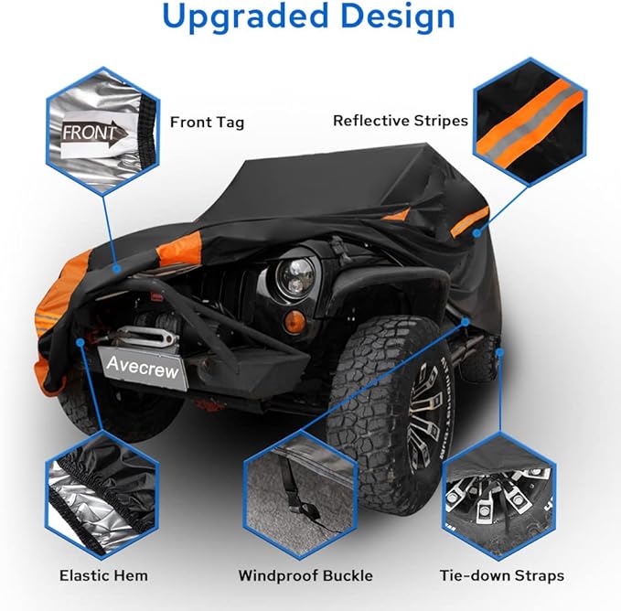 Avecrew for Jeep Wrangler Cover Waterproof 2 Door, All Weather for Jeep Rain Cover for Automobiles, Outdoor Full Exterior for Jeep Covers Fits JK JL TJ YJ CJ