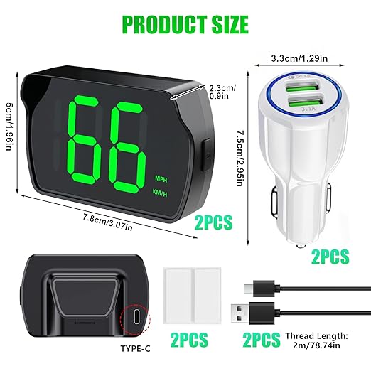 GPS Digital Speedometer for Car MPH, Universal HUD Speed Meter with LED Large Font, Plug Play for Car Truck Motor SUV Golf Cart All Vehicles (2 Pack Digital Speedometer with Charger)