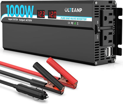 1000W Pure Sine Wave Power Inverter with 2 AC Outlets, 2 USB Ports, LCD Display, 12V to 110V Car & Home Inverter for Vehicles, Laptop