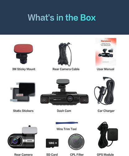 AI Dash Cam Front Rear Inside, 4 Channel 3k+1080P*3 Dashcam with Smart Driving Monitor System, 360° View Car Cameras 5GHz Wi-Fi GPS, Camera for Car Night Vision 128GB SD Card, 24H Parking Mode N700Pro