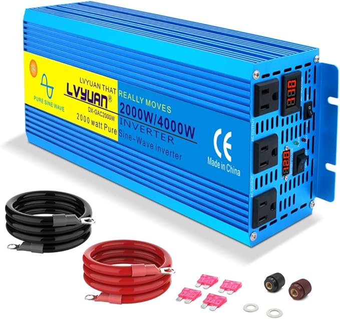 LVYUAN 2000 Watt Pure Sine Wave Inverter 24V to 110V 120V DC to AC with 3 AC Sockets, LED Display, Car Power Inverter for Vehicles Home RV Camping Truck Solar System