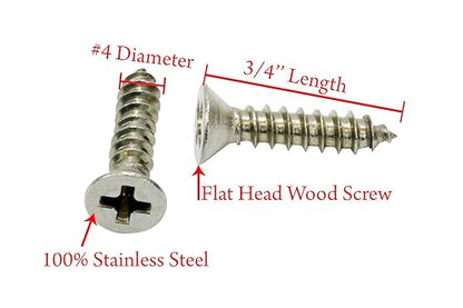 #4 x 3/4" Stainless Flat Head Phillips Wood Screw, (100 pc), 18-8 (304) Stainless Steel Screws by Bolt Dropper, Glasses Screws