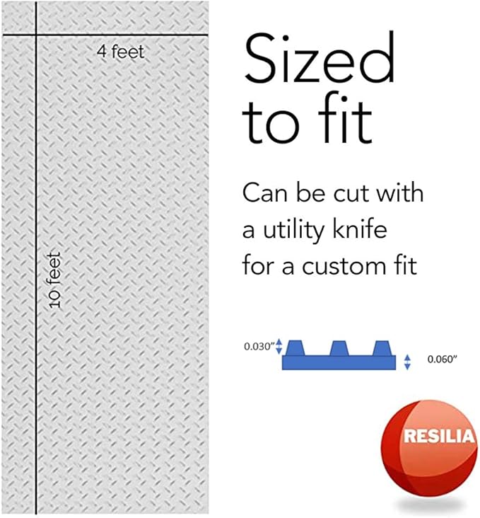 RESILIA Heavy Duty Garage Floor Runner & Protector Mat - Slip Resistant Diamond Plate PVC Mats - Water, Spill, & Stain Resistant, Silver (4 feet x 10 feet)