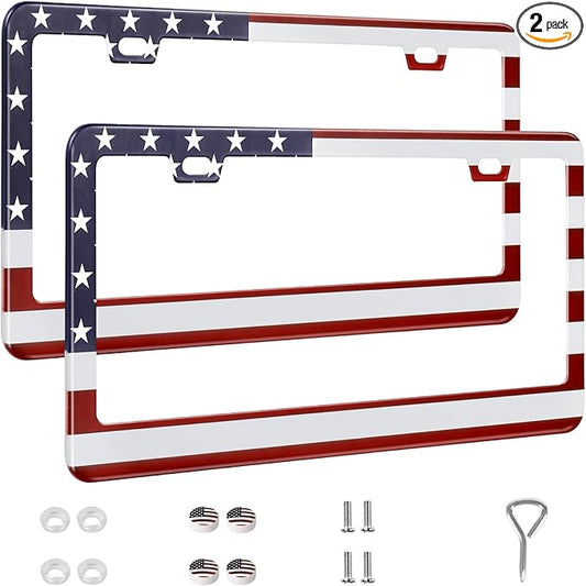 2 Pack License Plate Frames, Stainless Steel Car License Plate Cover Car Accessories with Screw Caps (Red and Blue)