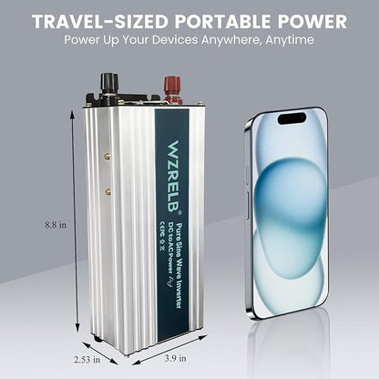 WZRELB 1200W Pure Sine Wave Inverter 48V DC to 110V 120V AC Power Converter with LED Display, Off-Grid Portable Power Inverter with 2 AC Outlets for Home, RV, Truck, Camping