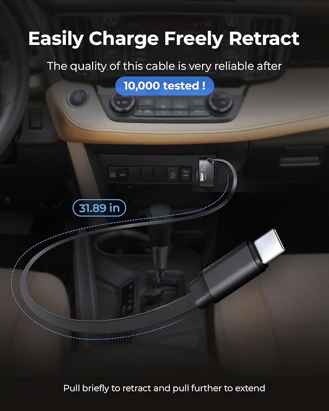 84W Max Retractable Fast Car Charger - USB C Cigarette Lighter Adapter Ultra-Compact Type-C Fast Car Charger with Built-in Retractable Cable