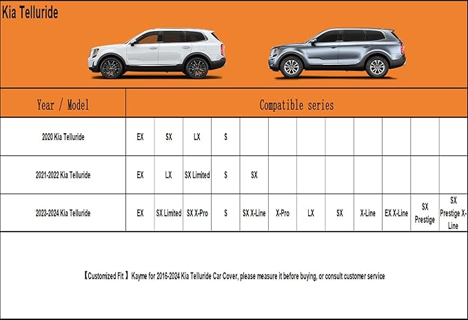 Kayme 6 Layers SUV Car Cover Custom Fit for Kia Telluride (2016-2025) Waterproof All Weather for Automobiles, Outdoor Full Cover Rain Sun UV Protection.Silver