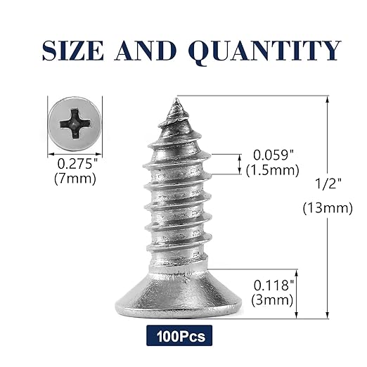 #7 x 1/2" Wood Screw 100Pcs 18-8 (304) Stainless Steel Screws Flat Head Phillips Fast Self Tapping Drywall Screws by SG TZH
