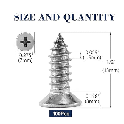 #7 x 1/2" Wood Screw 100Pcs 18-8 (304) Stainless Steel Screws Flat Head Phillips Fast Self Tapping Drywall Screws by SG TZH