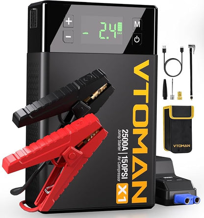 VTOMAN X1 Jump Starter with Air Compressor, Car Battery Jumper Starter (2500A,Up to 8.5L Gas/6L Diesel Engine) with 150PSI Auto Tire Inflator, 12V Portable Booster Pack, Lithium Jump Box Charger-Black