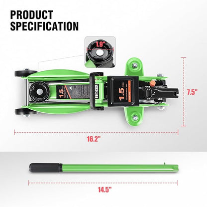 DNA MOTORING Low Profile Hydraulic Trolley Service/Floor Jack, 1.5 Ton (3000 lbs) Capacity, Lifting Range 5.3"-12", Green, TOOLS-00326-GR