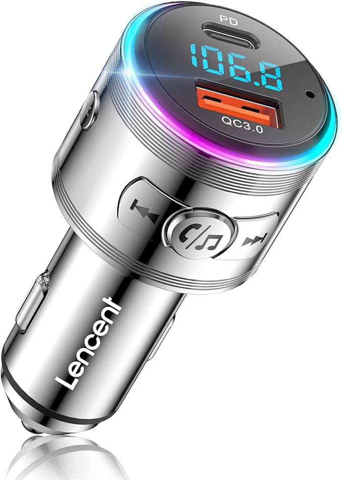 Bluetooth Transmitter for Car, LENCENT Full Metal Bluetooth 5.3 Car Adapter Dual USB Fast Charging 48W(PD 30W & QC3.0 18W), Wireless FM Radio Transmitter with Hi-Fi Music, Hands-Free Calling