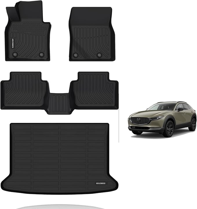 KELCSEECS® Floor Mats & Cargo Liner Custom for 2025 2024 2023 2022 2021 2020 Mazda CX-30 (Only FWD) All Weather Protection Waterproof TPE Floor Liners Front & Rear Row Full Set Accessories Black