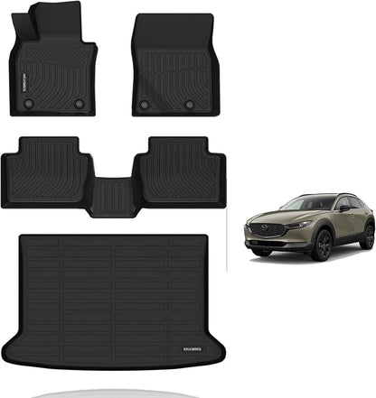 KELCSEECS® Floor Mats & Cargo Liner Custom for 2025 2024 2023 2022 2021 2020 Mazda CX-30 (Only FWD) All Weather Protection Waterproof TPE Floor Liners Front & Rear Row Full Set Accessories Black