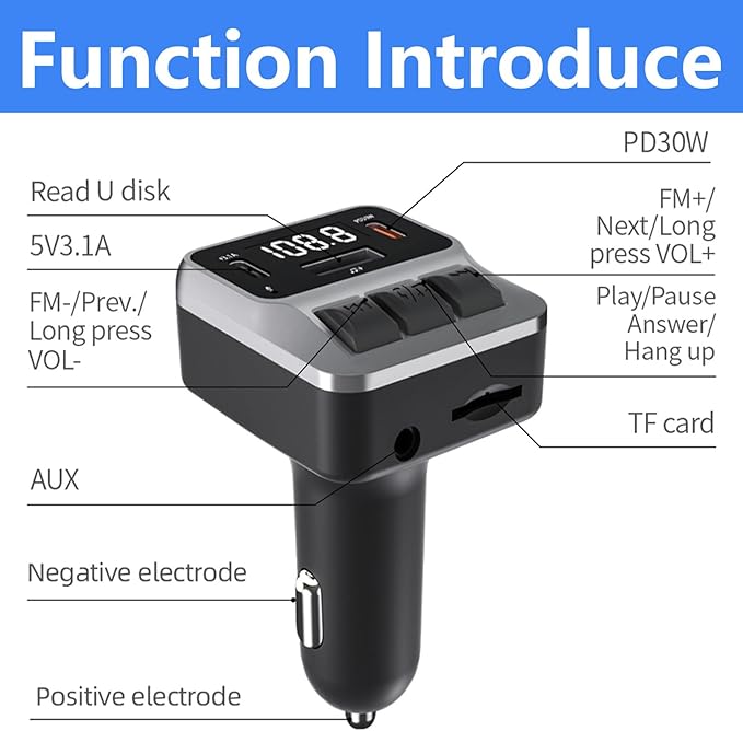 Bluetooth 5.3 FM Transmitter for Car, Bluetooth Car Adapter with Dual Type-C PD(30W) Charger Port and QC3.0 USB Port, Handsfree Calling and Audio Receiver, Support AUX, U Disk, TF Card