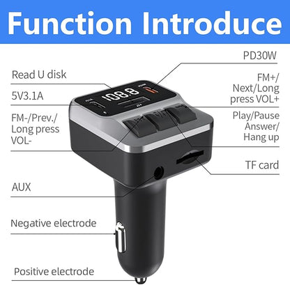 Bluetooth 5.3 FM Transmitter for Car, Bluetooth Car Adapter with Dual Type-C PD(30W) Charger Port and QC3.0 USB Port, Handsfree Calling and Audio Receiver, Support AUX, U Disk, TF Card