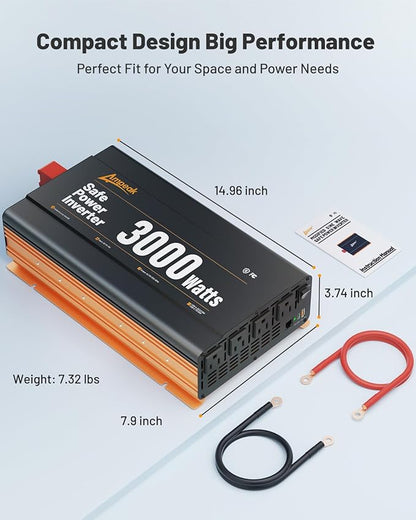 Ampeak 3000W Power Inverter, Inverter 12V to 110V Modified Sine Wave, High Conversion Efficiency 89%,USB Port 18W PD 30W, 4 AC Outlets Inverter for Camping