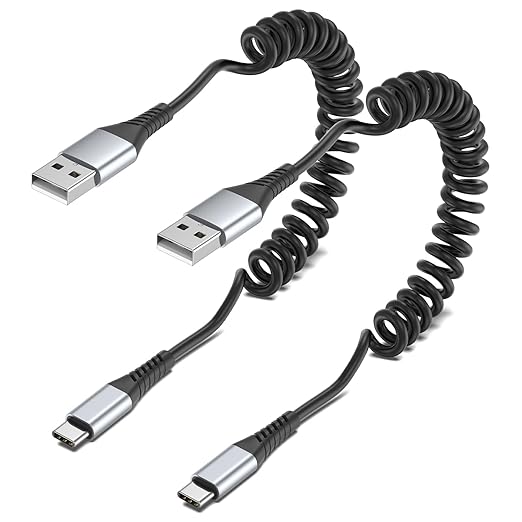 Coiled USB C Cable, 2 Pack USB Type C Coiled Cable for Car Short USB C Retractable Cable for iPhone 15 Pro Max, Samsung Galaxy S23 S22, Moto G8, Google Pixel, USB C Carplay Cord for Android Auto