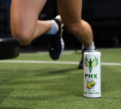 PHX Hydration Energy Drink - 700mg Electrolytes, 200mg Natural Green Tea Caffeine, 100% Daily Value 8 Essential Vitamins - 12 oz Cans (12 Pack) (12 Pack, Lemon Lime)