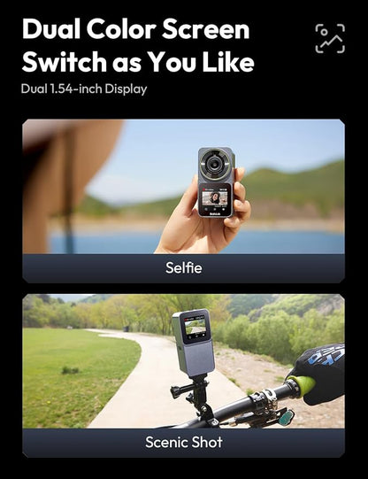 Action Camera 4K 20MP, Dual Use Action Camera and Dash Cam, Waterproof, EIS Stabilization, with 64GB SD Card, 170°Wide Angle Helmet Camera for Vlog or Recording Car Journey