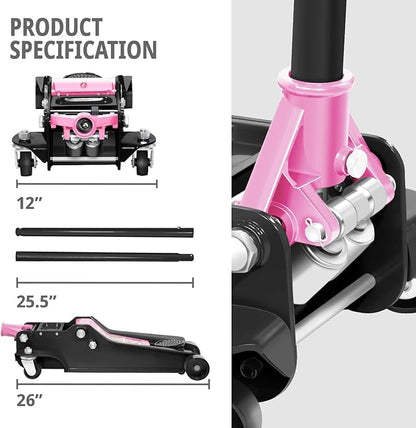 DNA MOTORING Floor Jack 4 Ton (8000 lbs) Capacity, Fast Lift Low Profile Hydraulic Trolley Jack, Steel Heavy-Duty Service Car Jack, Lifting Range 4.5"-20", Pink, TOOLS-00308-PK
