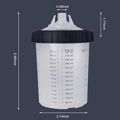 Disposable Paint Cups for Automotive Paint Gun, HVLP Paint Spray Gun 27 Ounce (800ml) Kit with 50 Cups and Lids Systerm, 1 Hard Cup with Retainer Ring and 10 Plugs
