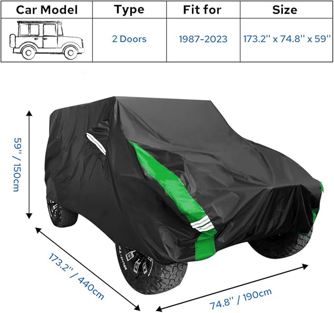 Avecrew for Jeep Wrangler Cover Waterproof 2 Door, All Weather for Jeep Rain Cover for Automobiles, Outdoor Full Exterior for Jeep Covers Fits JK JL TJ YJ CJ （Green）