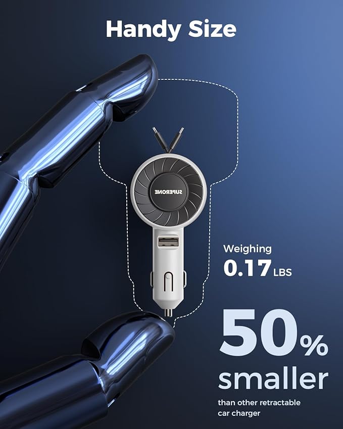 SUPERONE 3-in-1 Car Charger with Retractable Cords, USB C Charger Car Adapter Compatible with iPhone 16/15/14/13/12/11 Pro Max Samsung Android Phones