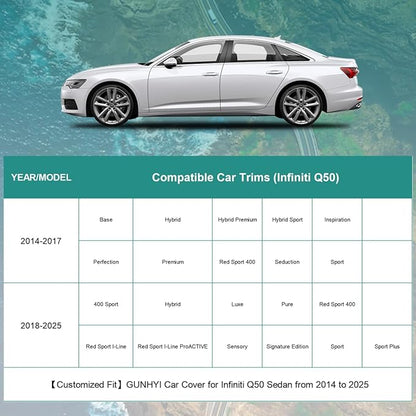 Premium Car Cover Custom Fit Infiniti Q50 Sedan (2013-2025), 16 Layers Heavy Duty Car Cover Waterproof All Weather with Zipper Door for Sun Rain Snow Dust Uv Protection