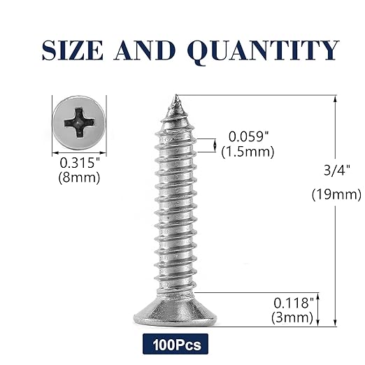 #8 x 3/4" Wood Screw 100Pcs 18-8 (304) Stainless Steel Screws Flat Head Phillips Fast Self Tapping Drywall Screws by SG TZH
