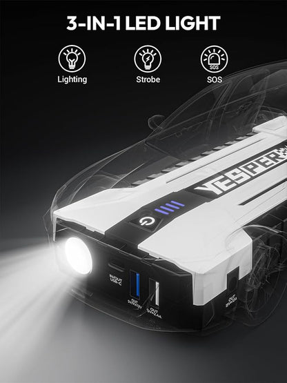 YESPER Battery Jump Starter Portable, 3000A Booster Pack Jump Box for 12V Car (Up to 10L Gas/8L Diesel Engine), Jumper Cables with DSLI Safe Tech, PD 15W Fast Charge & DC 15V Port