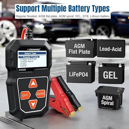 KONNWEI KW208 Car Battery Tester 12V. 100-2000 CCA Load Tester. Automotive Alternator Tester. Voltage Test, Cranking Test, Charging Test. For cars, trucks, boats, motorcycles, SUVs gasoline or diesel.