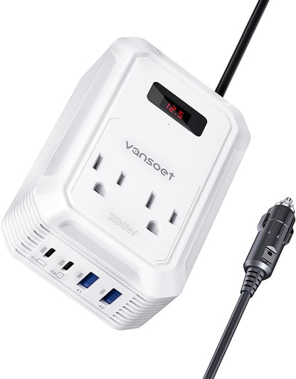 200W Car Power Inverter DC 12V to 110V AC Inverter with PD 65W/30W USB C & 2 QC 18W USB Ports & 2 AC Outlets,Car Pluɡ Adapter Outlet for Laptop/Phone/Road Trip