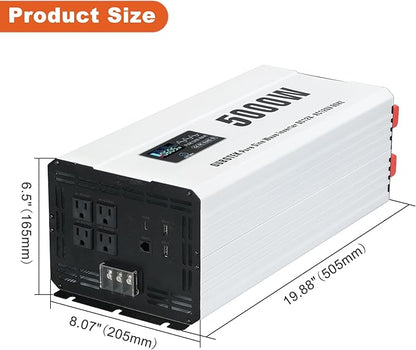 5000 Watts Power Inverter Peak 10KW, Pure Sine Wave 12V DC to 120V AC Off Grid Solar Inverter with Wireless Remote Control LCD Display 4 AC Outlets Hardwire Terminal for Home RV Camping